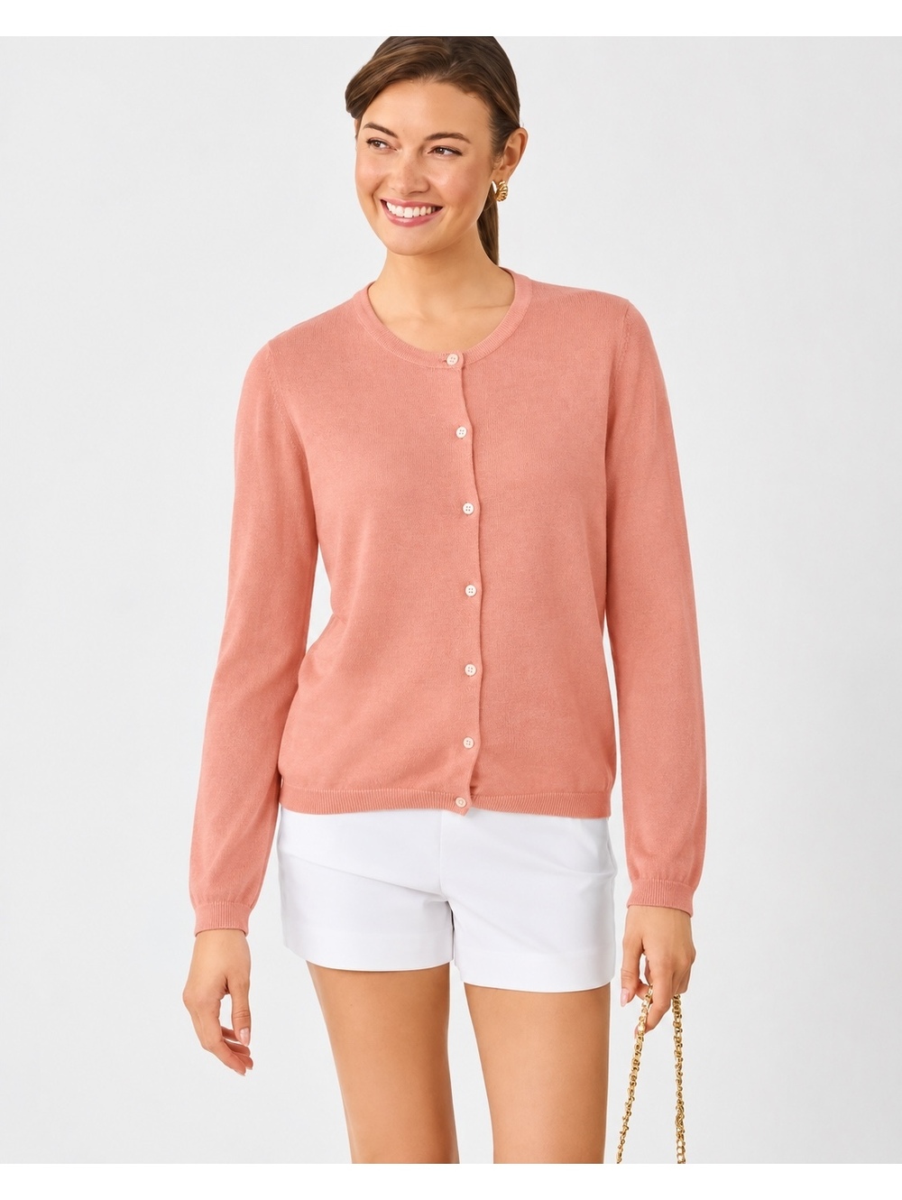 Lilly Pulitzer Coral Pink 100% Cotton Button Cardigan Sweater Size L Portugal